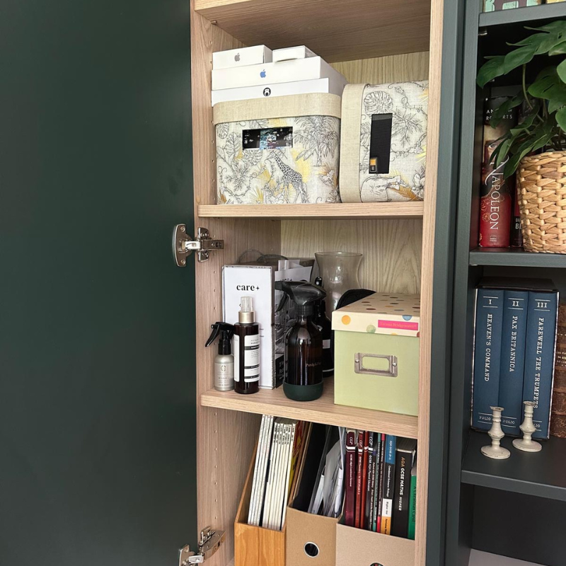 Green media wall shelf storage